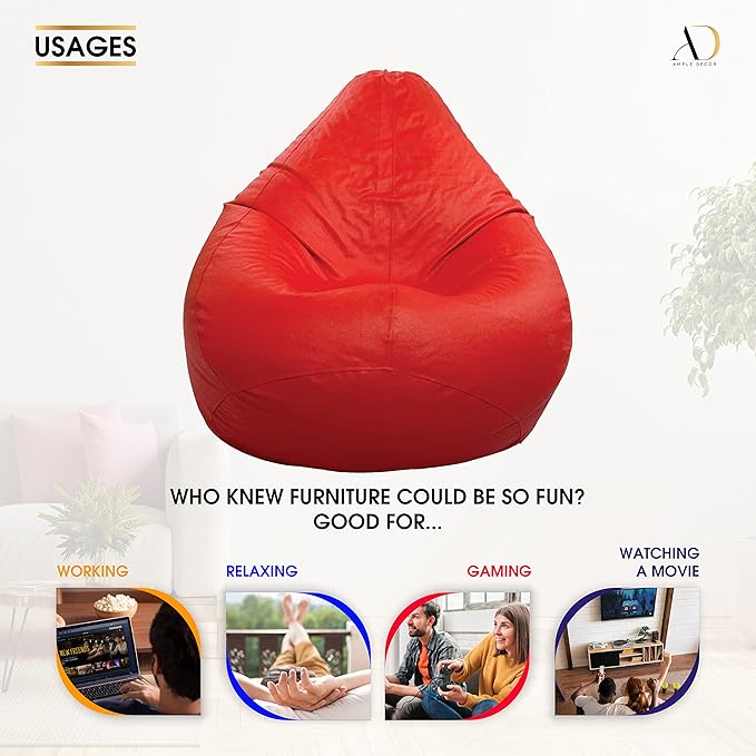 Ample Decor Bean Bag Cover (No Filling), Plush Toys Storage Soft Leatherette, Durable Construction Sturdy Zipper, Ideal for Children and Teenagers - Red