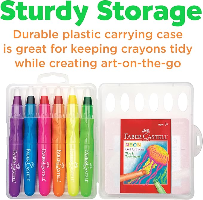 Faber-Castell Neon Gel Crayons: 6 Jumbo Gel Crayons in Durable Storage Case: Toddler Art Supplies for Coloring, Twistable Crayons for Kids Drawing Supplies Ages 3-4+