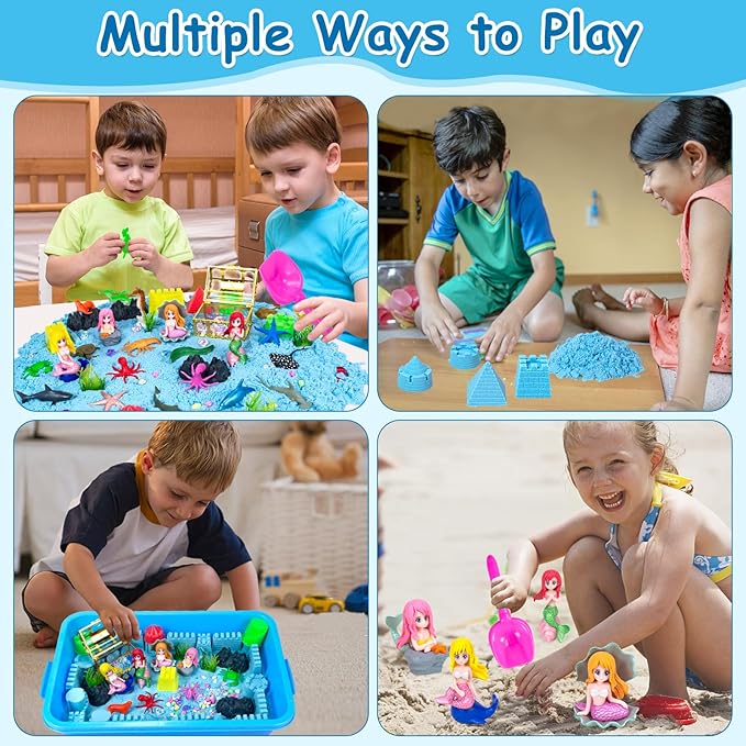 Ocean Sensory Bin, Mermaid Play Sand Kits Sensory Playsand for Boys Girls Ages 3 4 5 6 7 8 Gifts, 57 Pcs Mermaid Sensory Sand Kit Toys Castle Sea Animal Molds Sandbox Play Sand Kits Gift