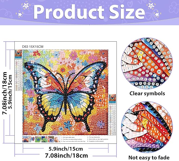 hkejoi Butterfly Diamond Art Painting Kits for Kids with Frame,Butterfly Diamond Art for Kids Ages 4-6-8-12,Easy Kids Gem Art Kit with Cartoon Box for Gift Home Wall Decor 7x7 inch