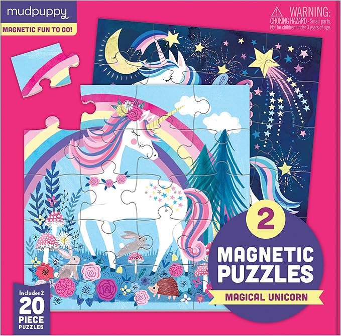 Mudpuppy Magical Unicorn - Tri Fold Magnetic Puzzles Featuring Two 20 Piece Unicorn Magic Themed Artwork
