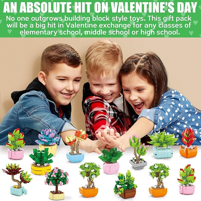 Valentines Day Gifts for Kids 6-12, 24 Pack Succulents Flower Bouquets Building Blocks with Gift Cards for School Classroom, Bulk Boy Girl Class Valentine Party Favors Exchange Gift Goodie Bag Stuffer
