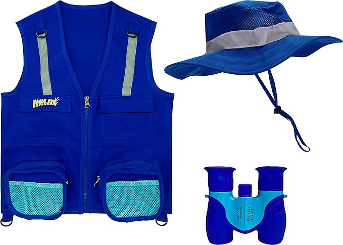 Multi-Piece Set Cargo Vest with Reflective Safety Straps, 1 8x21 Magnification Binoculars and Safari Hat for Boys and Girls (Medium/Large, Dark Blue Vest, Hat Binoculars)