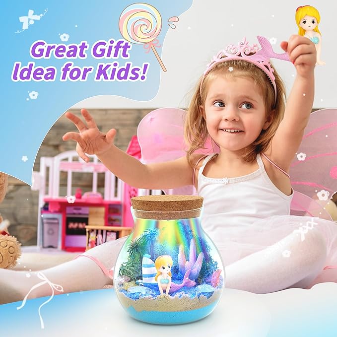 Mermaid Terrarium Crafts Kit for Girls - Make Your OWN Unicorn Night Light with 16 Modes LED Remote - Unicorn Birthday Gifts Toys for Girls Ages 5 6 7 8 9 10 Year Old - Best Christmas Gifts for Girls