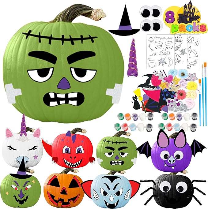 Klever Kits Halloween Pumpkin Decorating Kit, Halloween Arts and Craft Party Favors for Kids, Pumpkin Painting Kits Party Supplies, Halloween DIY Coloring Pumpkin Decorations, School Activities Games
