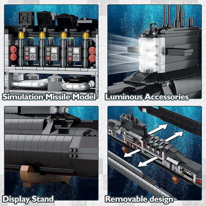 JMBricklayer Nuclear Submarine Building Sets - Military Submarine Toys with Lights, WW2 History Collectible Home Decor Battleship Construction Set, Army Toy Gifts for Boys Men Adults