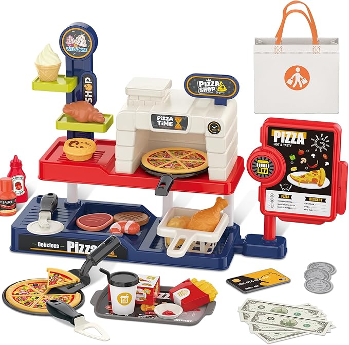 deAO Pretend Play Store Pizza Play Set for Kids, Realistic Pizza Pie Pretend Play Food,Slice and Serve Plastic Kitchen Cooking and Cutting Playset (Red)