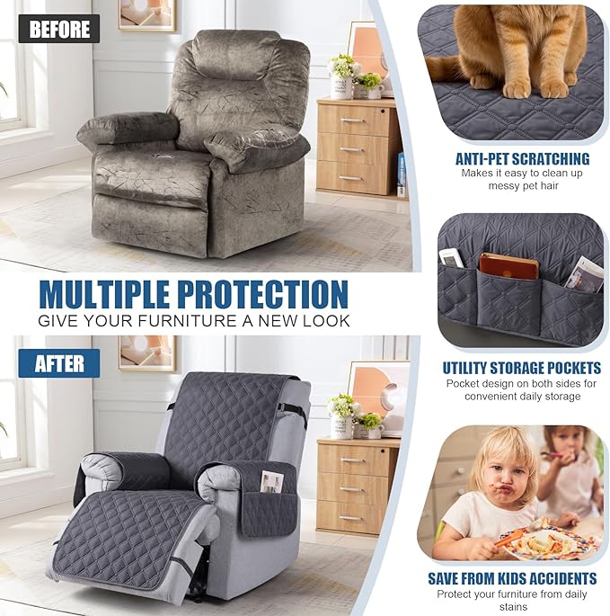 TAOCOCO 100% Waterproof Recliner Covers, Recliner Sofa Covers with Leg Straps, Reversible Recliner Couch Cover for Reclining Chair, Washable Couch Protector for Pets Kids(1 Seater 28", Charcoal Gray)