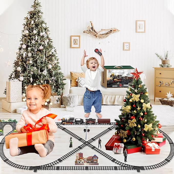 Train Set for Kids Remote Control Train Toys w/Steam Locomotive,Passenger Carriage & Luxury Tracks, Electric Trains w/Realistic Smoke,Sounds & Lights, Christmas Birthday Gift for Boys Girls 3 4 5 6 7