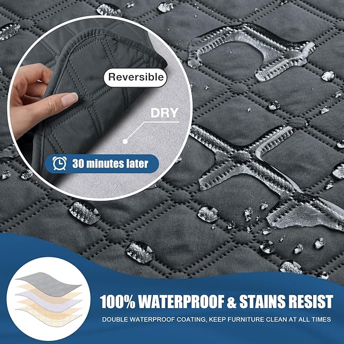 TAOCOCO 100% Waterproof Recliner Covers, Recliner Sofa Covers with Leg Straps, Reversible Recliner Couch Cover for Reclining Chair, Washable Couch Protector for Pets Kids(3 Seater, Dark Gray)