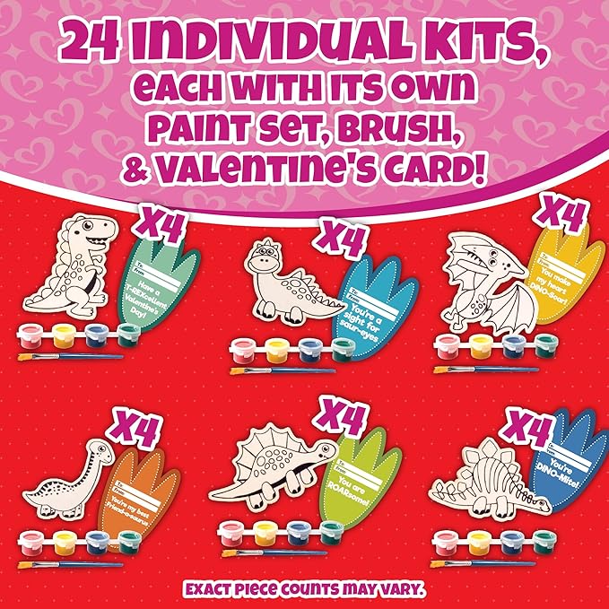 Set of 24 Valentines Cards for Kids Classroom - Valentine's Day Dinosaur Wood Painting Kits for Kids School - Each Valentines Gift Includes Complete Craft Kit & Card for Boys Girls Classroom Exchange