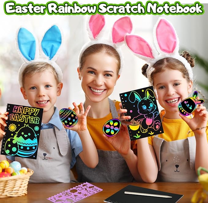 Easter Crafts for Kids Party Favors: 24 Pack Easter Rainbow Scratch Art Notebook Bulk Easter Basket Stuffers for Kids Activities Girls Boys Easter Crafts Gifts for Classroom Prizes Gifts