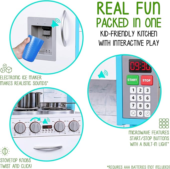 Lil' Jumbl Kids Kitchen Set, Pretend Wooden Play Kitchen, Battery Operated Icemaker & Microwave with Realistic Sound, Pots & Pan Included - Blue