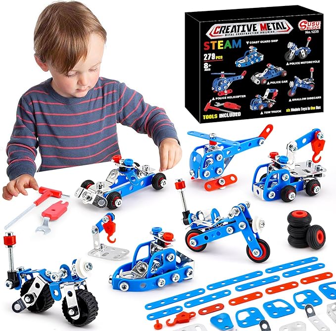 Stem Building Toys for Boys Age 8-12,Police Toys 6 Mini Metal Model Set for Kids,Erector Set for Boys Age 8-12,Assembly Science Kit Educational Gifts For Kids 8 9 10 11 12-16 Years Old（279 Pieces）