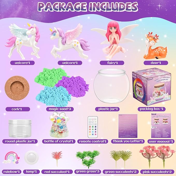 2 Theme in 1 Jar Light Up Unicorn Terrarium Kit & Night Light Fairy Terrarium Kit Creativity DIY Aarts Crafts for Girls Toys Ages 4 5 6 7 8 Year Old Girl Birthday Gifts