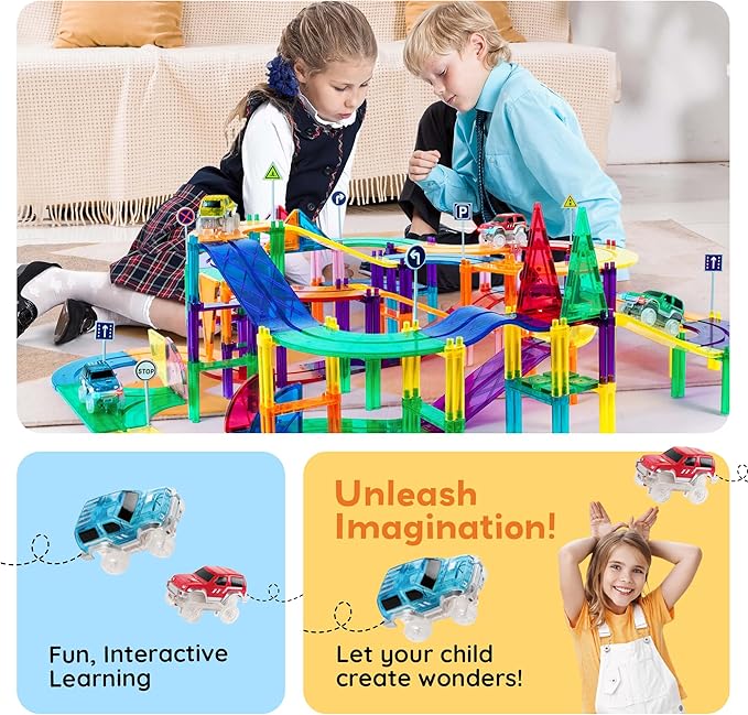 PicassoTiles 50 Piece Race Car Track Building Block Educational Toy Set Magnetic Tiles Magnet DIY Playset 2 Light Up STEM Learning Construction Kit Hand-Eye Coordination Fine Motor Skill Training