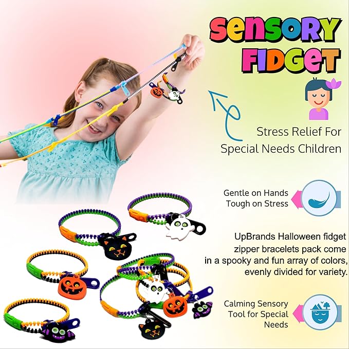 UpBrands 120-Pack Halloween Fidget Zipper Bracelets for Kids: Ideal Bulk Party Favors, Perfect for Birthdays, Goodie Bag & Pinata Fillers, Unique Sensory Toys, Friendship Jewelry & Stress Relief