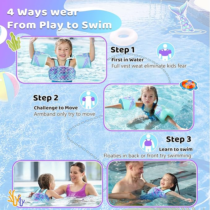 Vvinca Separable Toddler Swim Vest Fit 22-66 Lbs（1-6 Years）|2025 Newest 3 in 1 Pool Float & Arm Bands Boys and Girls, Adjustable Sturdy Safety for Infant 1 2 3 4 5 6 Year