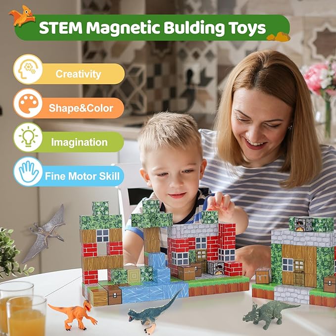 Magnetic Blocks 110PCS with 6 Dinosaur Toys, Building Blocks Set, Toys for Boys & Girls Age 4-6,6-8, Stacking Building Toys for Toddlers Kids 3+(Jungle & Dinosaur)