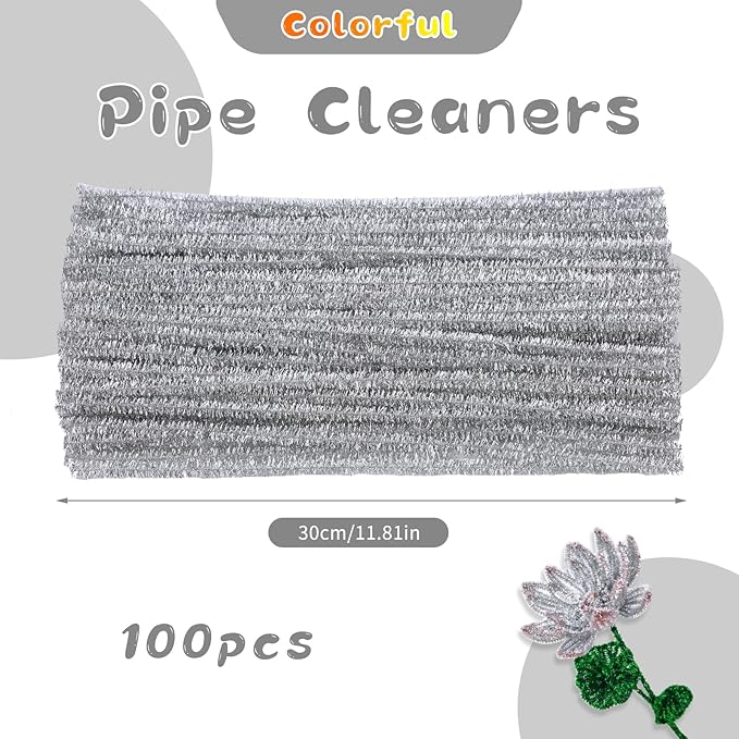 ZXIIXZ 100 Pcs Pipe Cleaners, Glitter Pipe Cleaners Craft Supplies, Creative Craft Pipe Cleaners Bulk for Art DIY Crafts Decorations/Glitter Silver