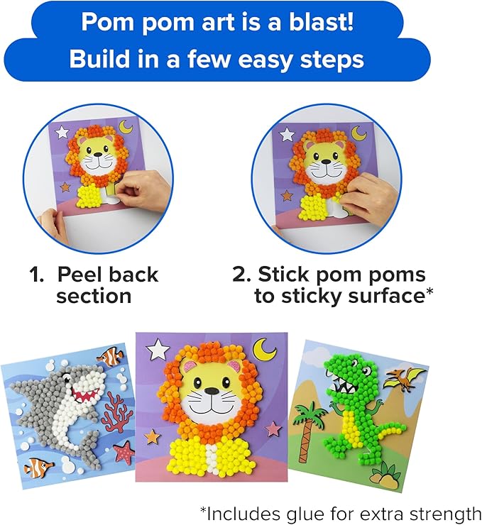 DIY Pom Pom Art - Makes 3 Art Pieces -Boy & Girl Crafts for Kids Age 3-5 - Toddler Crafts Ages 3-5 - Pom Pom Arts and Crafts - Art Projects for Kids 3-5 - (Set 1 -Lion, Shark, Dinosaur)