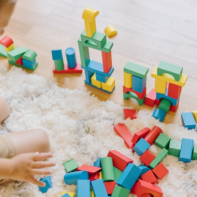 Melissa & Doug Wooden Building Blocks Set - 100 Blocks in 4 Colors and 9 Shapes Classic Kids Toys, Colored Wood For Toddlers Ages 2+ - FSC-Certified