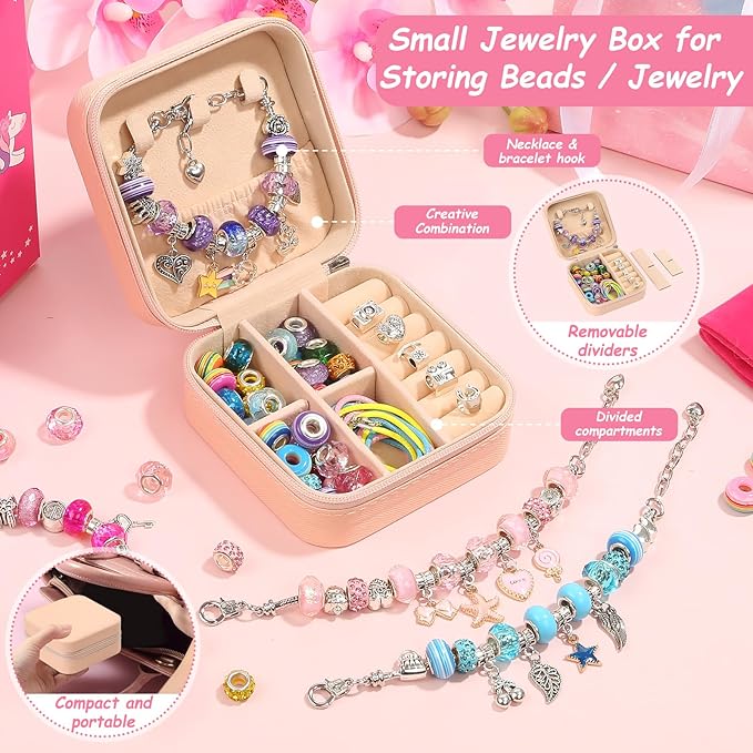 Charm Bracelet Making Kit for Girls, 140 PCS DIY Craft Bead Sets Jewelry Making Kit for Teen Girls Age 8-12, Portable Bracelet Organizer Gift Box for Teenage Birthday Christmas Stocking Gift
