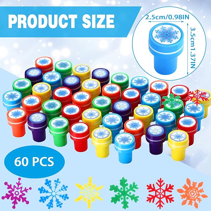 Skylety 60 Pieces Winter Snowflake Stamps for Kids Assorted Colored Frozen Stamps Plastic Snowflake Hand Stampers for Card Making Xmas Holiday Party Favors(Multi Colors)