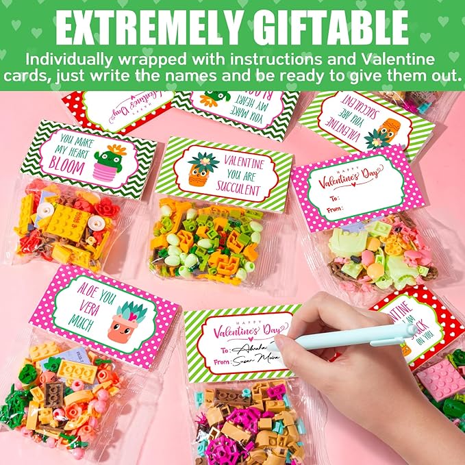 Valentines Day Gifts for Kids 6-12, 24 Pack Succulents Plants Building Blocks with Gift Cards for School Classroom, Bulk Boy Girl Class Valentine Party Favors Exchange Gift Goodie Bag Stuffers
