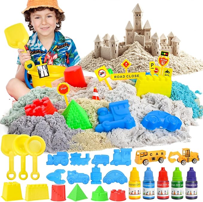 Play Sand Construction Set- Play Sand Kit, Sensory Bins with Magic Sand, Excavator Toy, Sand, Shovel Construction Site Kit, Beach Building Castle Sandbox Kit Gifts for Toddlers Age 3-8 Boy Girl