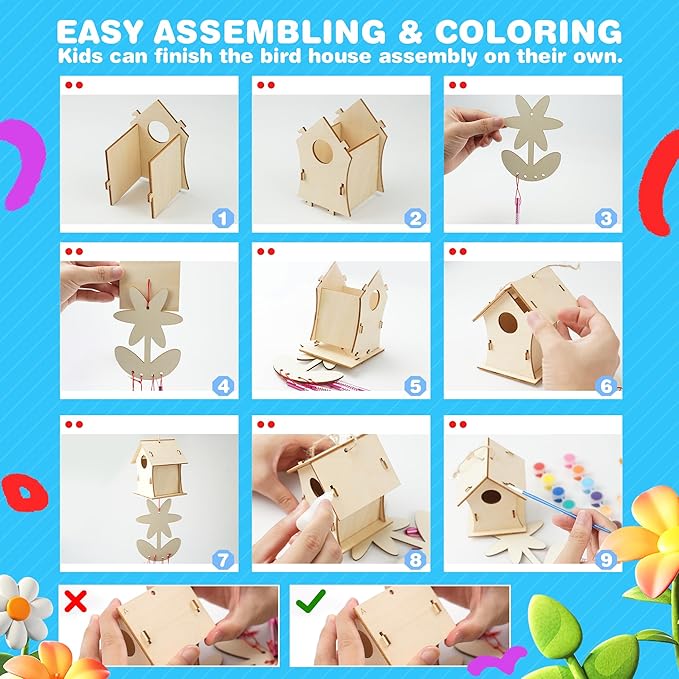BELLOCHIDDO Bird House Kits for Kids Ages 4-8 - DIY Birdhouse Kit for Kids to Build and Paint,Wooden Arts and Crafts for Kids Girls Boys Toddlers Ages 8-12 4-6 6-8,Art&Craft for Kids Ages 8-12(2 Pack)