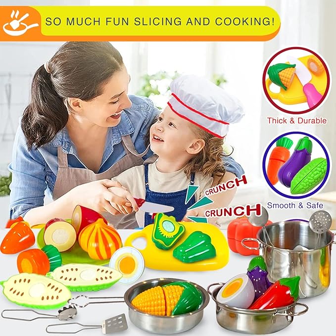 FUNERICA Toddler Kitchen Accessories Playset with Cutting Food Vegetables and Stainless-Steel Play Pots - Pretend Kids Cooking Utensils - Apron & Chef Hat - Toy Knife & Cutting Board for Girls & Boys