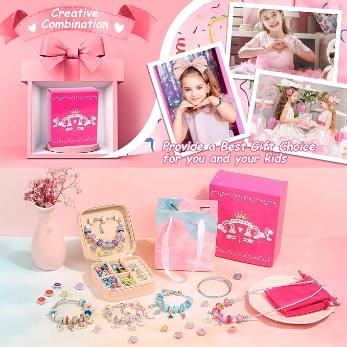 Charm Bracelet Making Kit for Girls, 140 PCS DIY Craft Bead Sets Jewelry Making Kit for Teen Girls Age 8-12, Portable Bracelet Organizer Gift Box for Teenage Birthday Christmas Stocking Gift