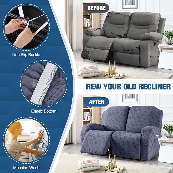 TAOCOCO Recliner Loveseat Cover, Stretch Jacquard Reclining Loveseat Cover Furniture Protector Sofa Slipcovers 2 Seat Recliner Covers with Elastic Bottom for Kids, Pets (Grey)