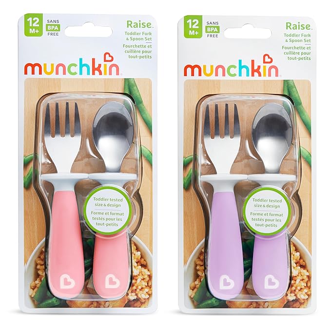 Munchkin® Raise™ Toddler Fork and Spoon Utensil Set, Rest Keeps Tip Off Table, BPA Free, 4 Pack, Pink/Purple