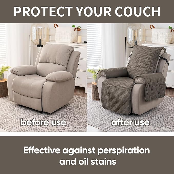 Easehomey 100% Waterproof Recliner Chair Covers, Non Slip Oversized Reclining Cover, Cover Furniture Protector Washable Chair Cover with Pocket,Elastic Straps for Kids,Pets,Dogs(Taupe,28")