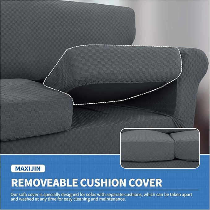 MAXIJIN 4 Piece Jacquard Extra Large Couch Covers for 3 Cushion Couch Super Stretch Non Slip Couch Cover for Dogs Pet Friendly Sofa Slipcover Furniture Protector (Oversized Sofa, Dark Gray)