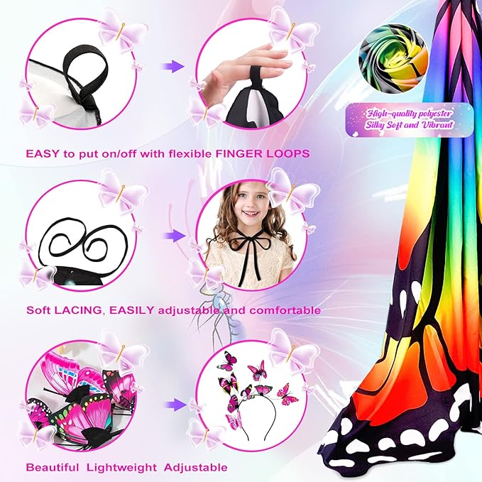 Butterfly Wings For Girls, Double-Sided Fairy Wings, Halloween Costumes for Kids, 3PCS Butterfly Cape Set.
