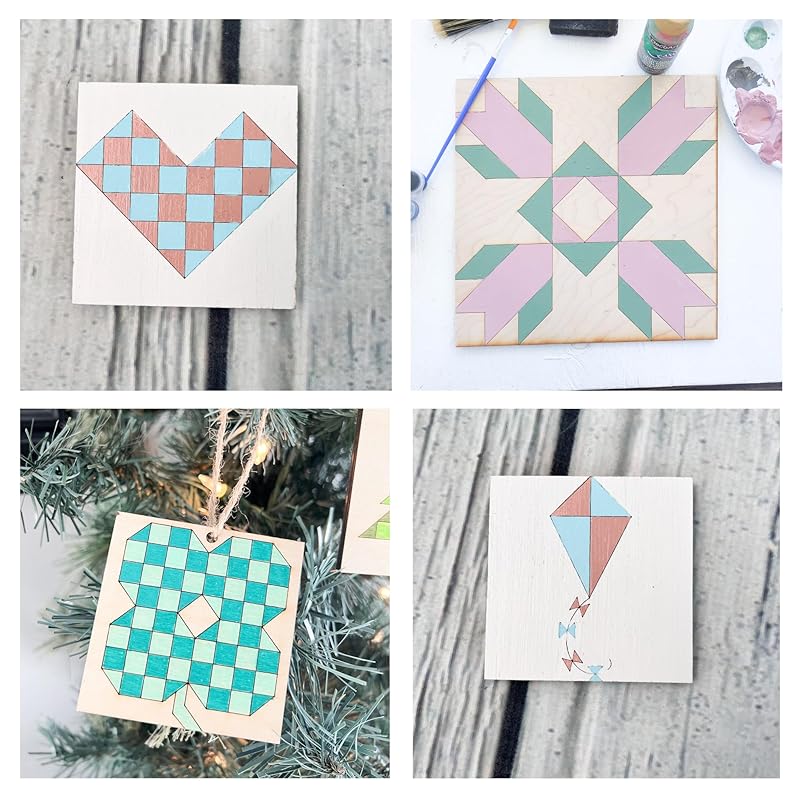 Set of 4 Barn Quilt Kit DIY Pattern Unfinished Wood Quilting Block Sign Paintable Art for Adults and Kids (6 Inches Square) (Spring Set) Kite, Shamrock, Tulip Flower, Patchwork Heart, AVTRBoutique