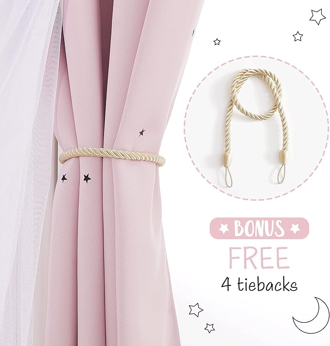 NICETOWN Pink Curtains for Girls Bedroom/Kids Room, Moon and Star Hollow Out Blackout Curtains for Nursery, Double-Layer Grommet Window Drapes for Christmas Decor, 52" W by 84" L, Set of 2