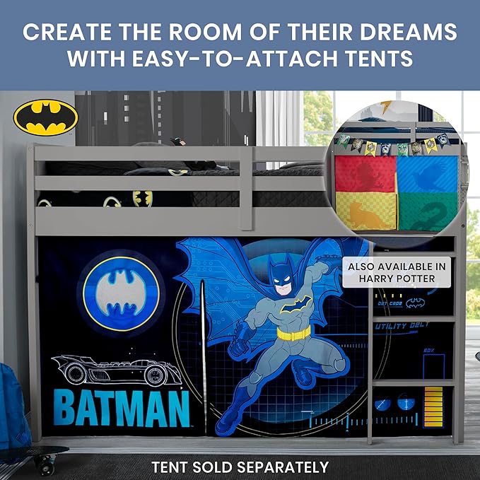 Delta Children Twin Loft Bed with Guardrail and Ladder (Coordinates with Batman, Spider-Man & Harry Potter Tents Sold Separately), Grey