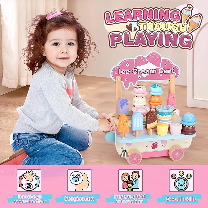 Dreamon Wooden Ice Cream Toys for Kids Toddlers, 48 PCS Ice Cream Cart Play Kitchen Accessories with Menu, Pretend Money, Wooden Ice Cream Shop Play Food Sets for 3 4 5 6 Year Old Girls Boys Gifts