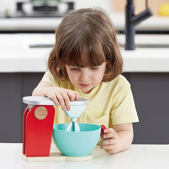 Hape: Wooden Mix & Bake Set - Red - Wooden Kitchen Toy Appliance, Pull String Spinning Blades, Realistic Baking, Interactive Pretend Play, Kids Age 3+