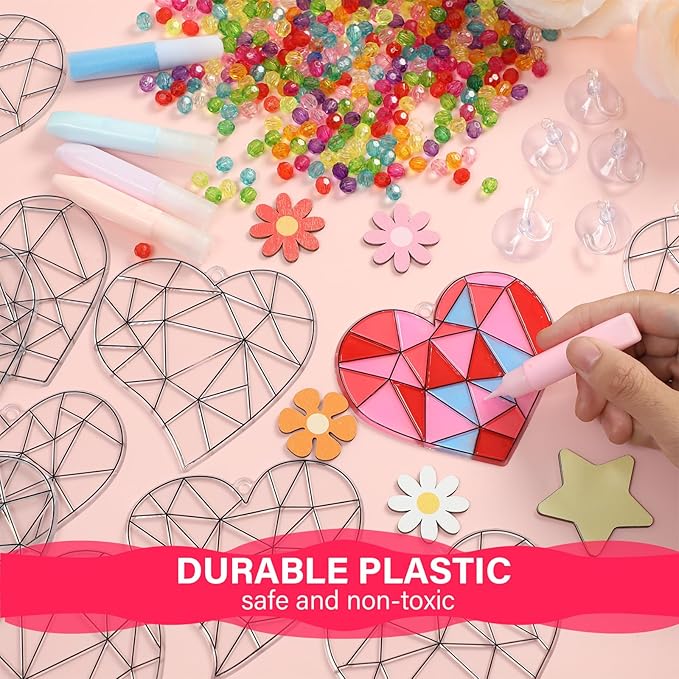 Qyeahkj 32 Sets Valentine's Day Suncatcher Crafts Kit for Kids DIY Heart Window Paint Suncatcher Arts Crafts Valentines Window Ornament Decor for Valentine's Day Gift Classroom Art Project Gift Favor