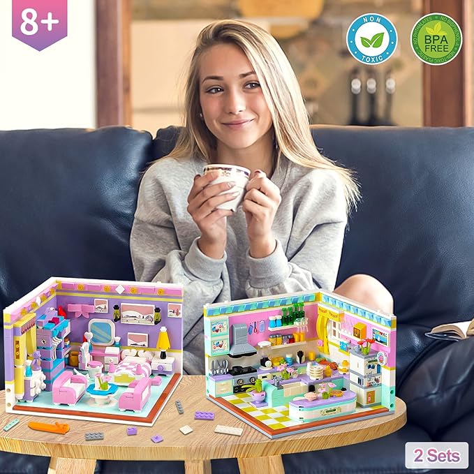 Friends House Building Block, Girls Mini Kitchen Bedroom Friendship Duplex Apartment Creative Playhouse Bricks Kit 2 Sets Birthday Gifts for Adults Old Kids Daughter Teens 8-12 6-12 7-9