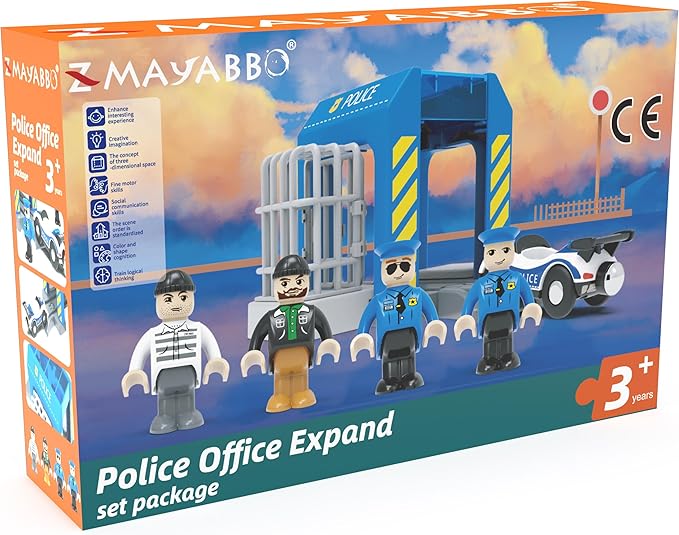 Wooden Train Tracks Accessories, Train Set Piece of Police Station Compatible with All Railroad Track Collection, Train Toys Expansion Pack for Kids Ages 3 and Up.