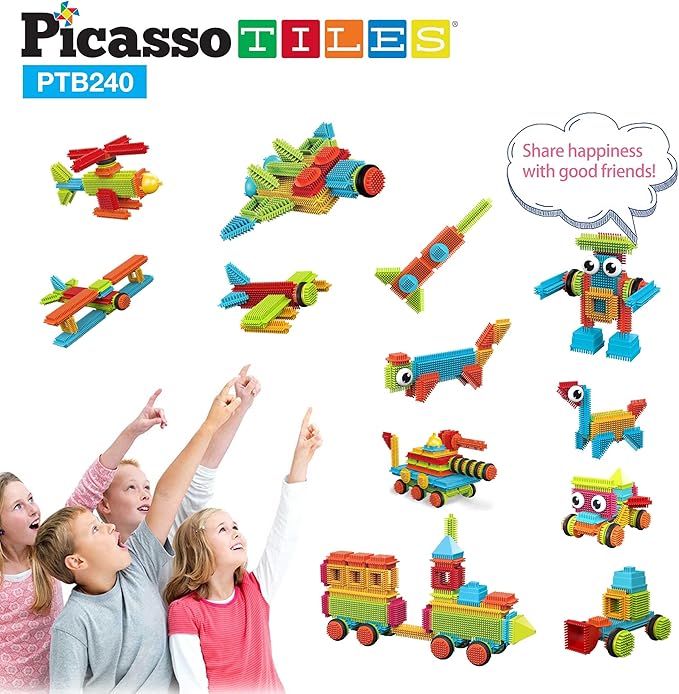 PicassoTiles 240pcs Hedgehog Interlocking Building Shape 3D Blocks, STEAM Educational, Creative, Fun Construction Playset, Sensory Toy Gift for Preschool and Kindergarten Kids, Ages 3 and Up, PTB240