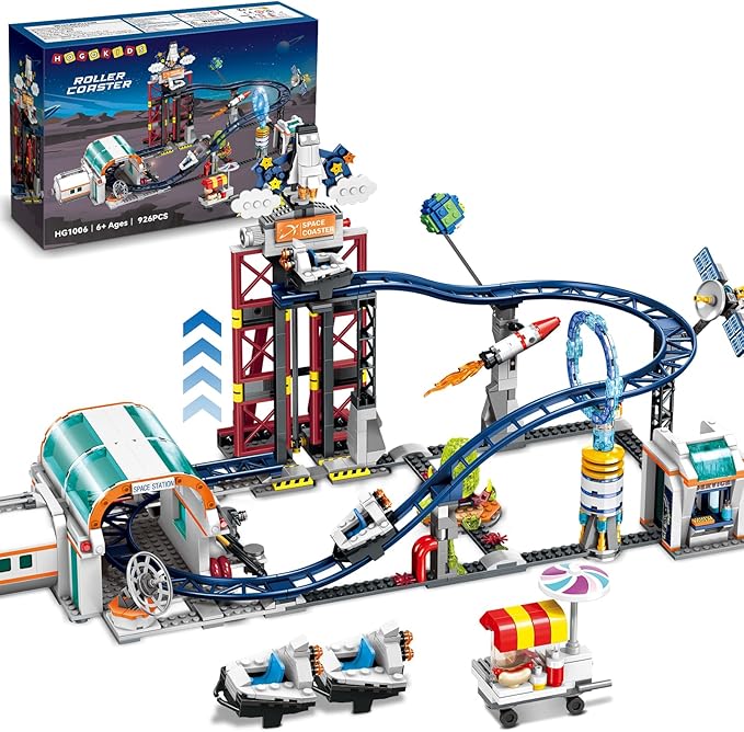 HOGOKIDS Space Roller Coaster Building Toy - 926PCS Coaster Building Set Features Lift Platform, Satellites, Rocket Buildable Space Rollercoaster Adventure Park for Adults Kids Girl Boy Ages 6-12 Year