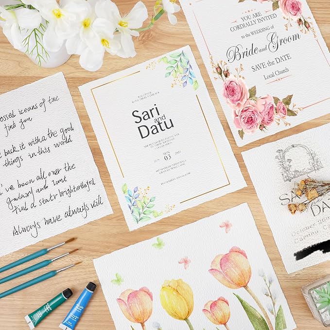 50 Sheets Watercolor Paper 8.5 x 11, 300 GSM Deckled Edge Paper Rough/Textured Handmade Paper Cotton Paper for Watercolors, Wedding Invitations, Cards, Crafts