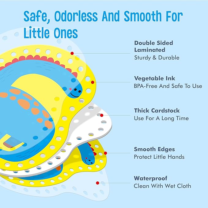 9 Pieces Kids Lacing Cards, Double Sided Sewing Cards in 9 Dinosaurs with 9 Colorful Laces, Imagination Development Lacing Toys Games for Children Educational and Learning Activity